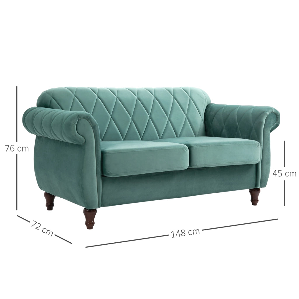 EasyComfort Divano 2 Posti Design Vintage Rétro in Legno e Velluto, 148 x 72 x 76 cm, Verde