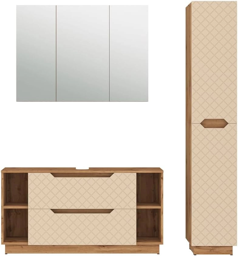 Set di mobili da bagno Lotta, Rovere/cashmere con struttura in piastrelle, 3 parti