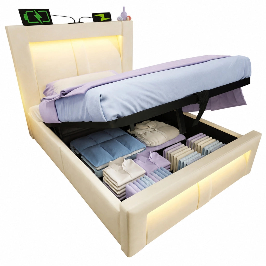 Letto singolo 90x200 cm con contenitore; LED; USB e Type-C; in velluto beige