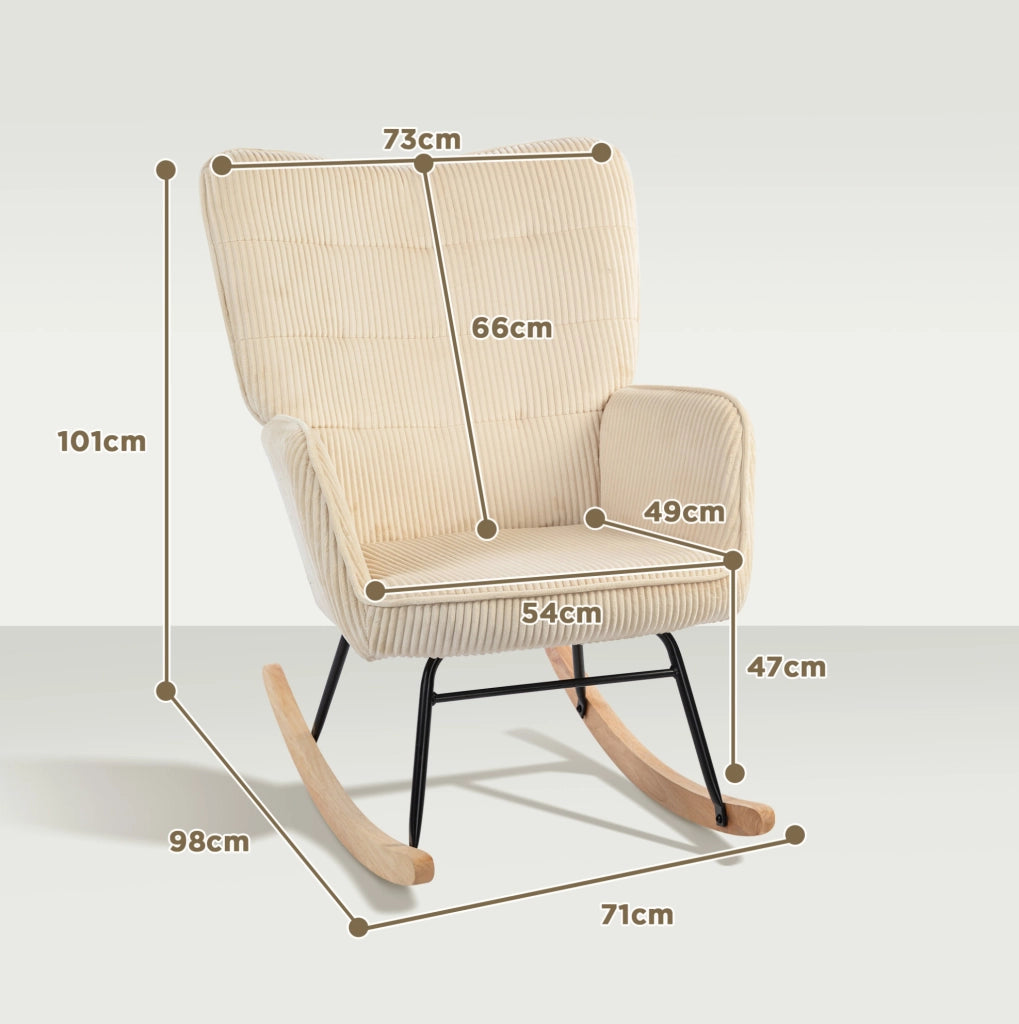Poltrona a dondolo in velluto a coste beige con braccioli