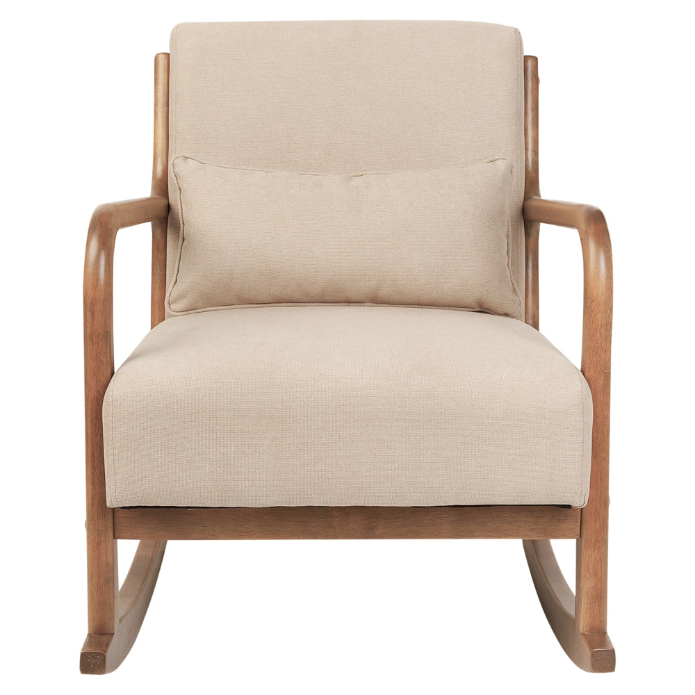 Sedia a dondolo Beige Tessuto Gambe in legno con braccioli e cuscino Soggiorno classico tradizionale