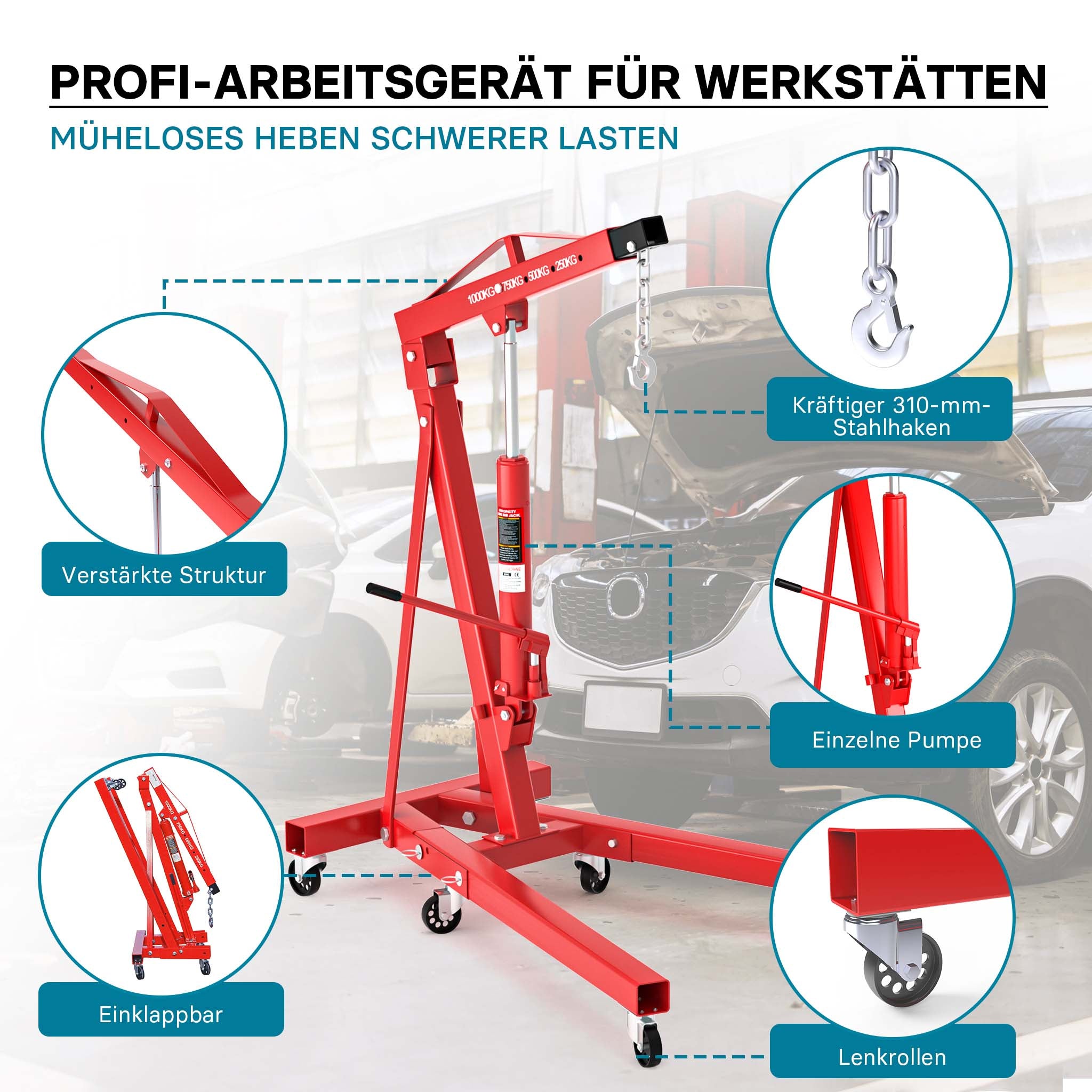 gruetta idraulica da officina per sollevamento motori, gru manuale pieghevole con braccio regolabile, carico max 1000kg