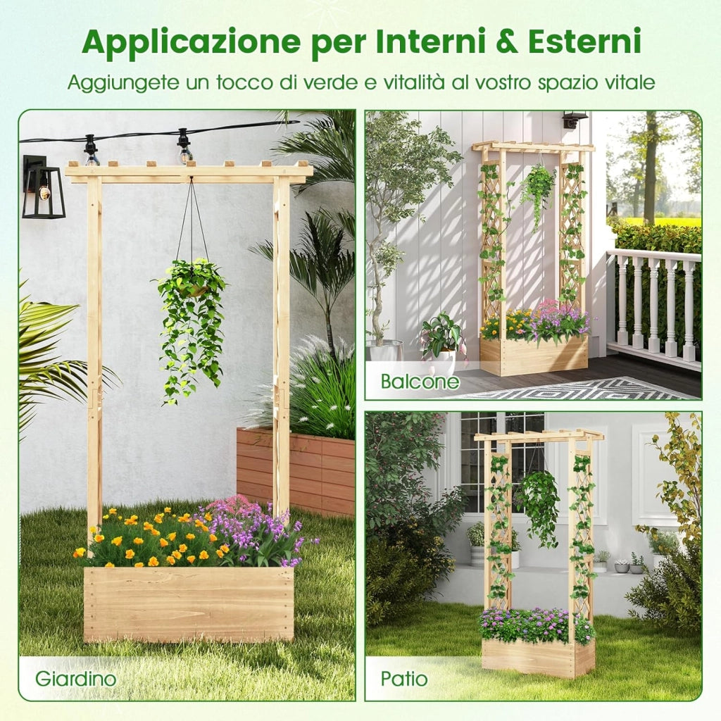 Letto da Giardino Rialzato con Traliccio, Fioriera Rialzata in Legno con Tetto Pendente, Fori di Drenaggio per Piante Rampicanti, Fiori e Verdure (Naturale)