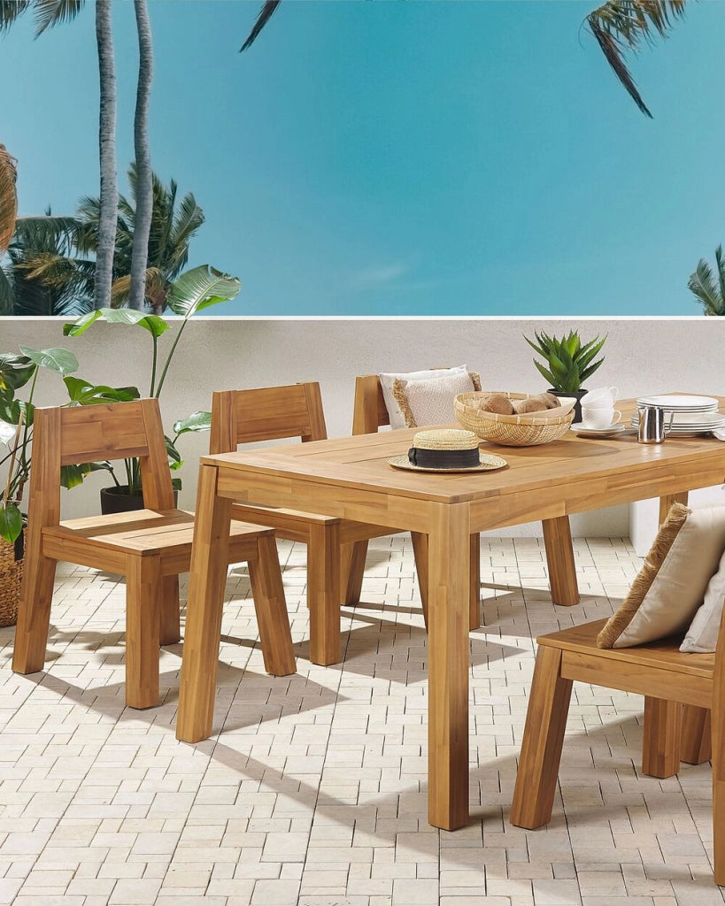 Set di 4 sedie da giardino stile rustico in legno di acacia chiaro laminato 81 x 61 cm da interno esterno rustico design moderno design moderno