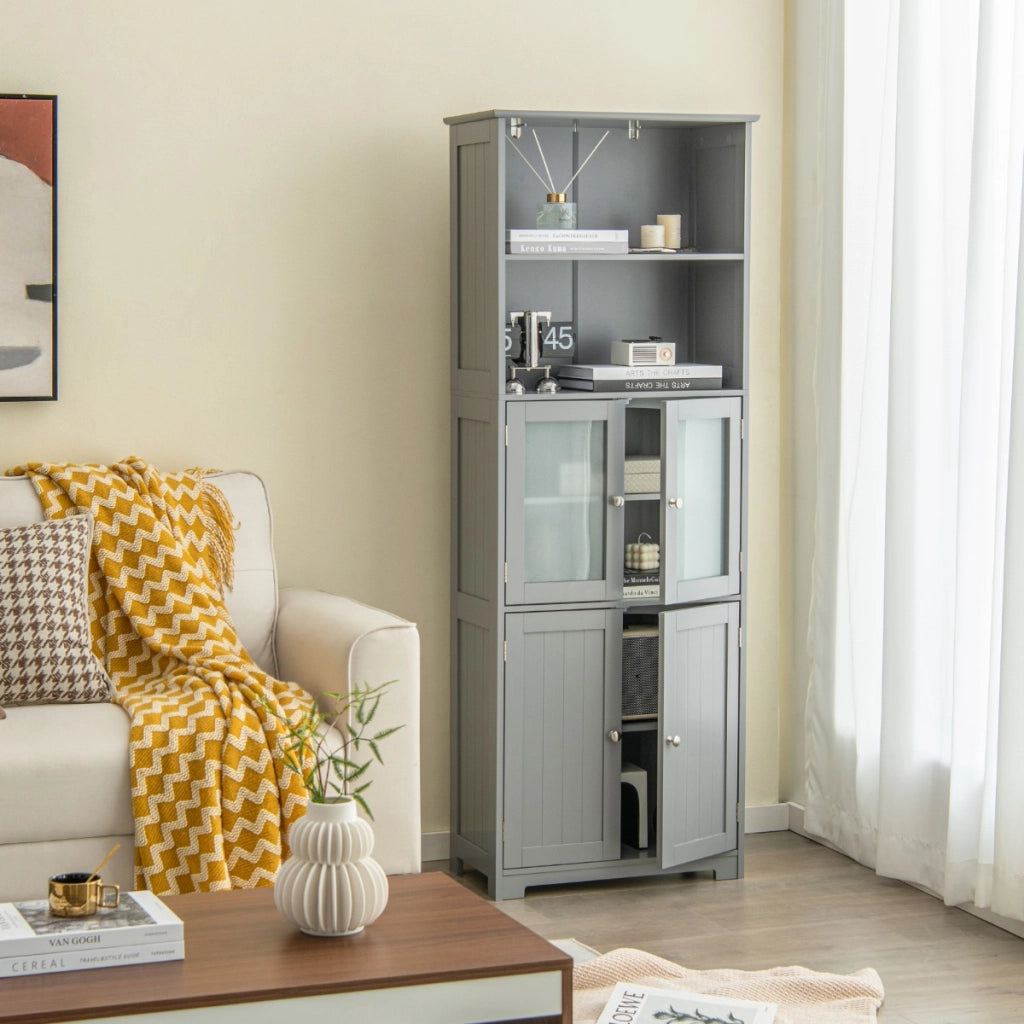 Armadio 163cm con 2 armadietti scomparti aperti ripiani regolabili ante in vetro-Buffet Organizzatore da pavimento Grigio