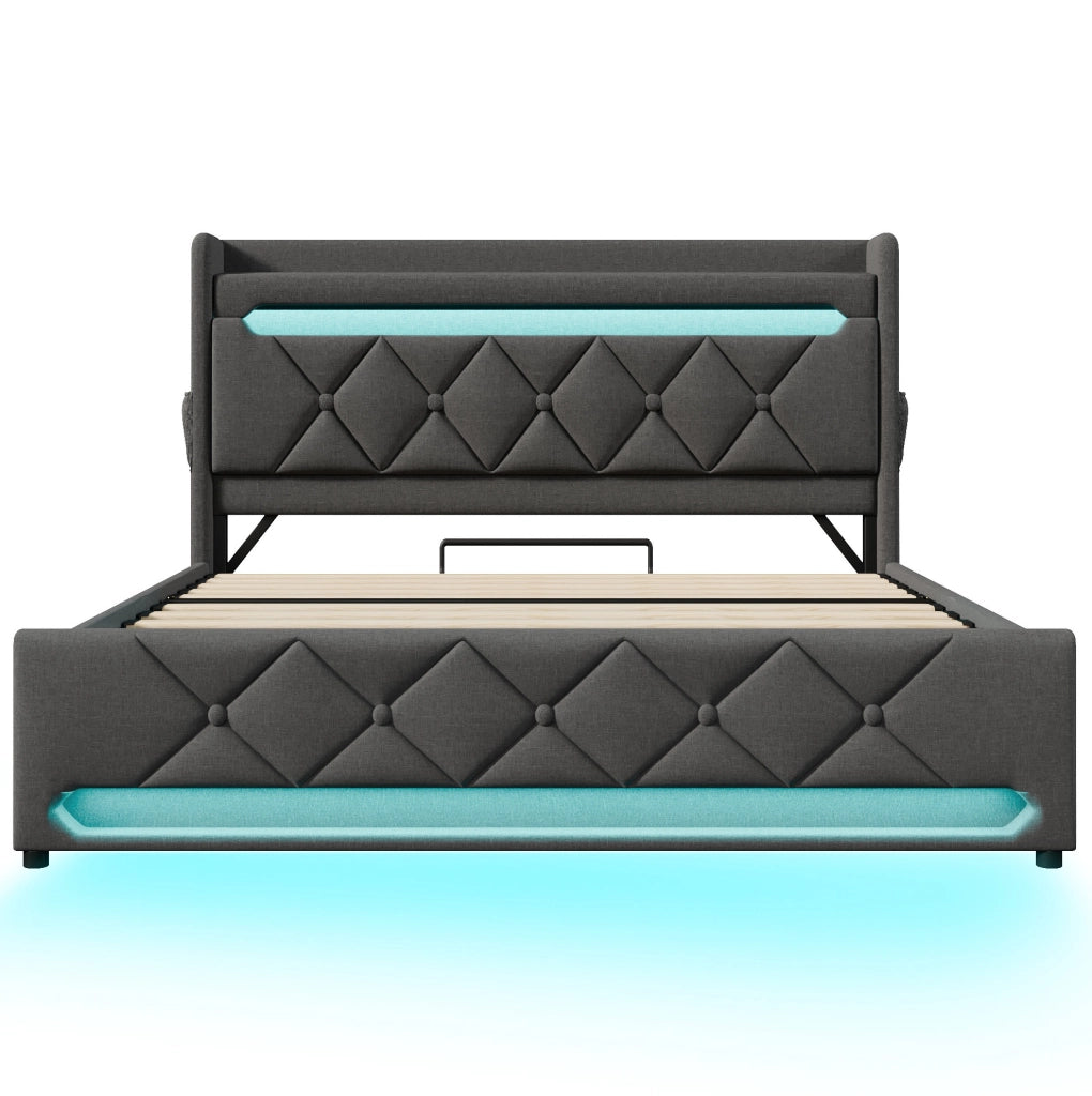 Letto matrimoniale 140x190 cm con contenitore; testiera con USB e Type-C; LED; grigio in lino