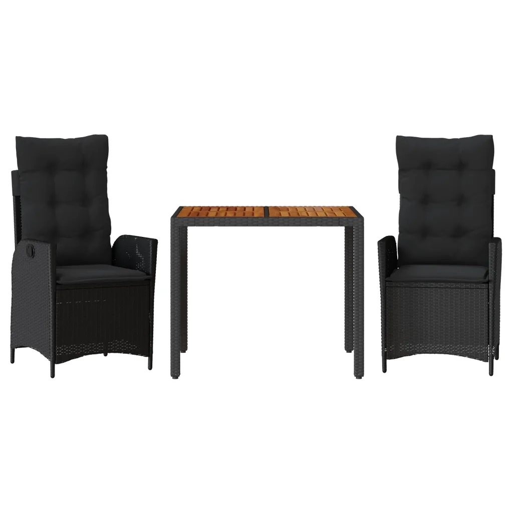Set da Pranzo da Giardino 3 pz | Set Salotto da Giardino con Cuscini Nero in Polyrattan