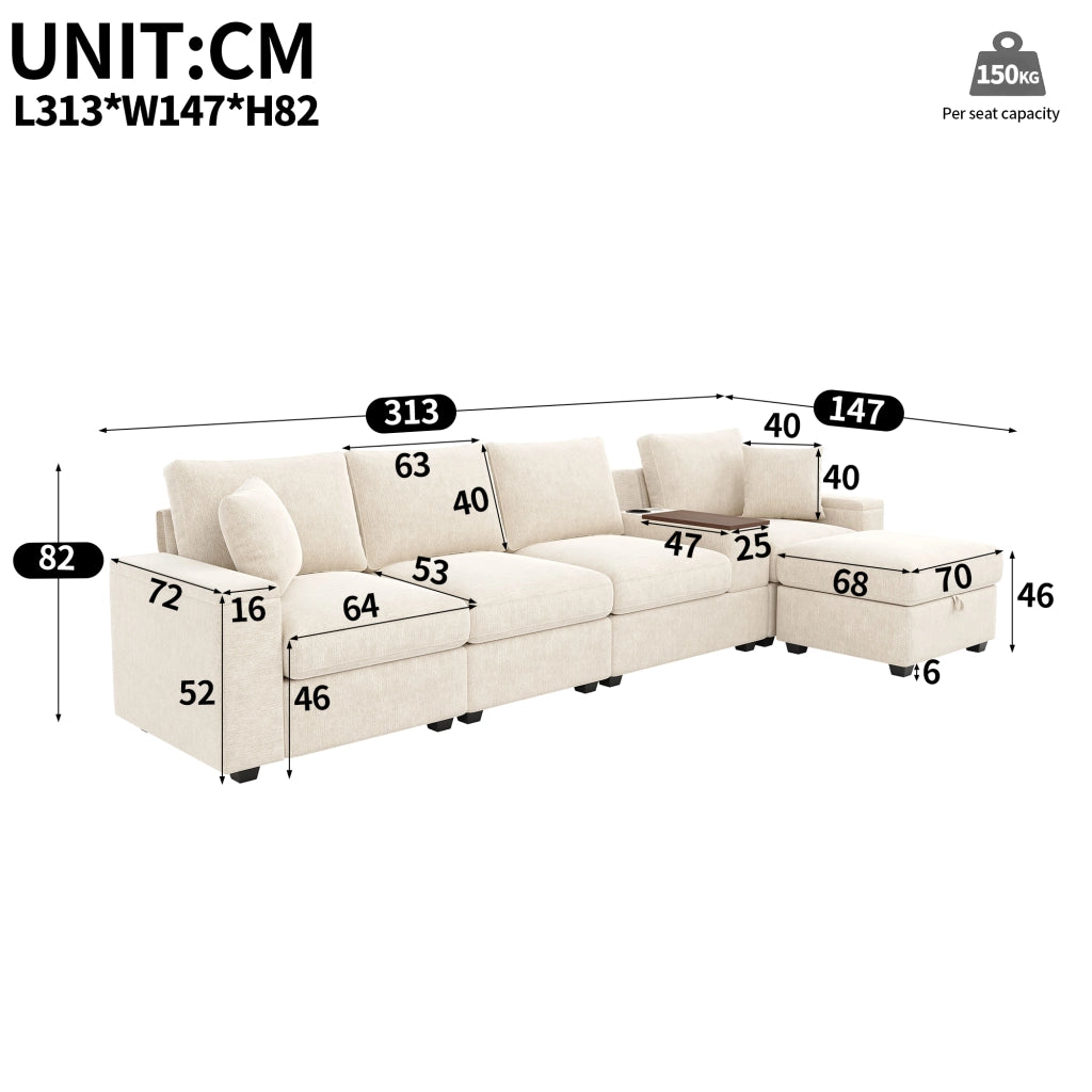Divano modulare angolare in ciniglia con USB tipo C portabicchieri e contenitore beige