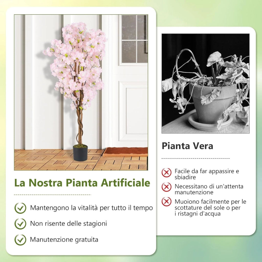 2 Alberi di Ciliegio Artificiale 150 cm, Set di 2 Piante Finte in Vaso da Vivai con Fiori Rosa e Foglie Verdi, Piante Decorative per Casa, Ufficio e Negozio