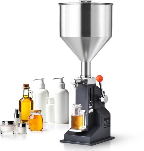 Vendita automatica di pasta, Flesvuller manuale adattabile per 5-50 ml, Vaso di acciaio inossidabile con beccuccio per liquidi, idoneo per latte, acqua, succo, olio essenziale, shampoo, cosmetici, miele