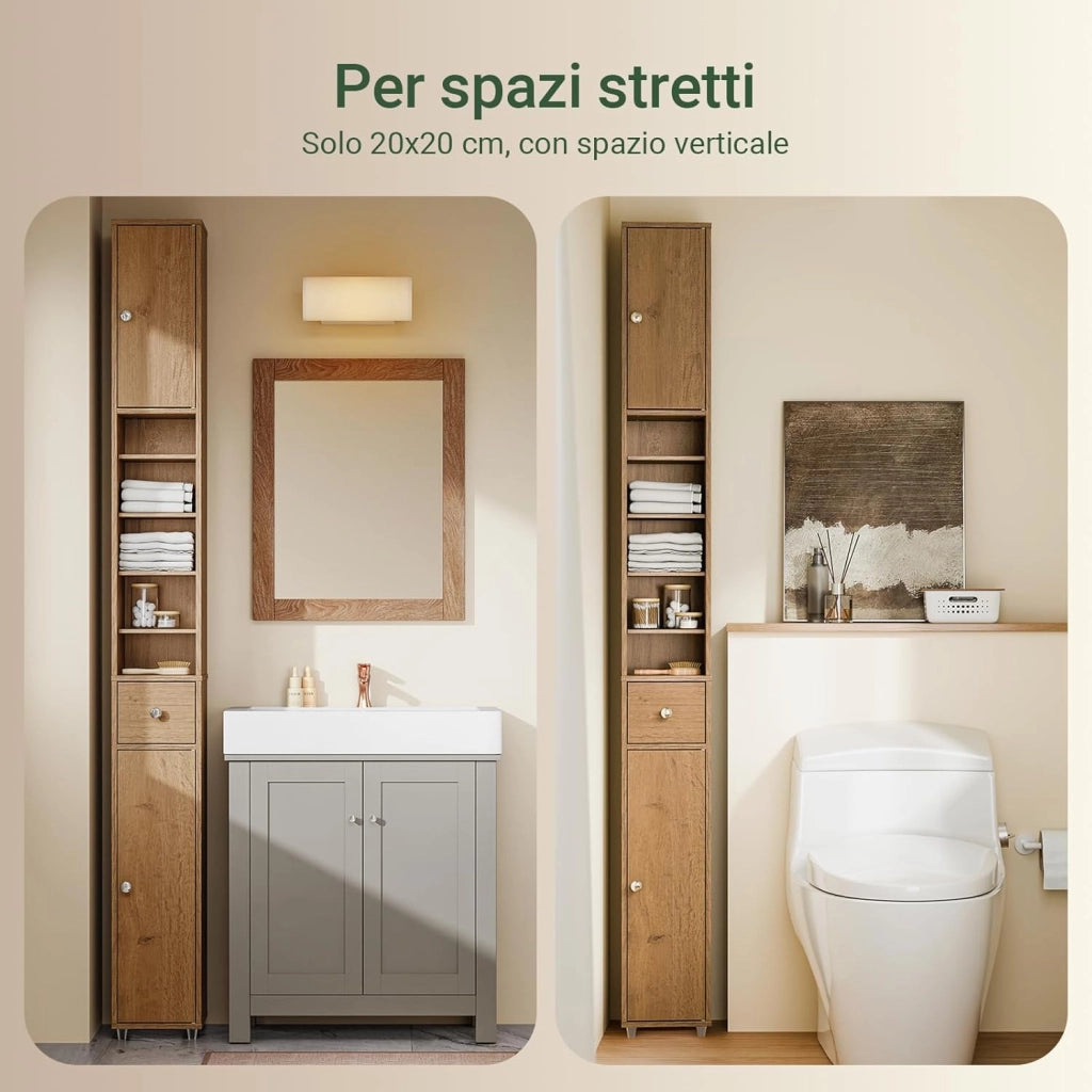 Mobile Bagno Alto e Stretto, Mobili Salvaspazio Mobiletto a Colonna da Terra con Ripiani Regolabili e Cassetto Armadietto per Bagno e Lavanderia 20×20×180 cm BZR34-II-PF
