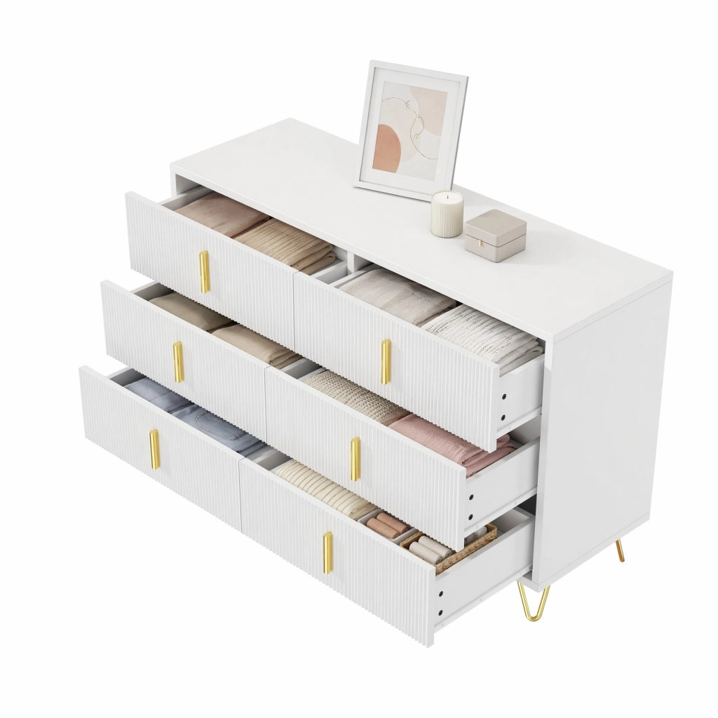 Credenza moderna con 6 cassetti, finitura bianca e dorata, 120 x 77 x 40 cm