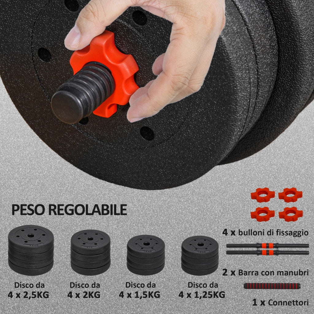 Set 2 Manubri Antiscivolo con 16 Dischi Pesi da 30 kg  totali e Connettore in Acciaio HDPE e Sabbia Nero