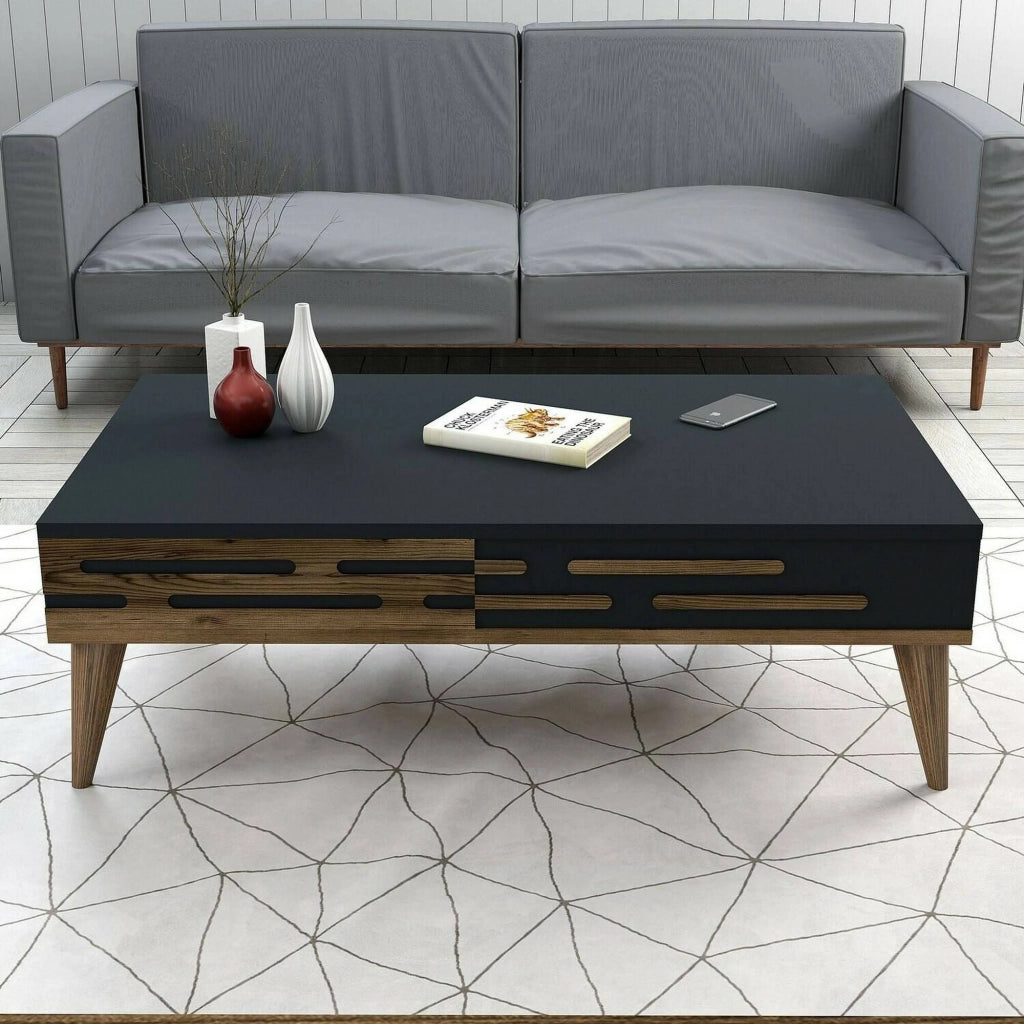 Tavolino da salotto Mansuk, Tavolo basso da caffè, Portariviste per divano, Ripiano da soggiorno, 105x35h60 cm, Noce e Antracite