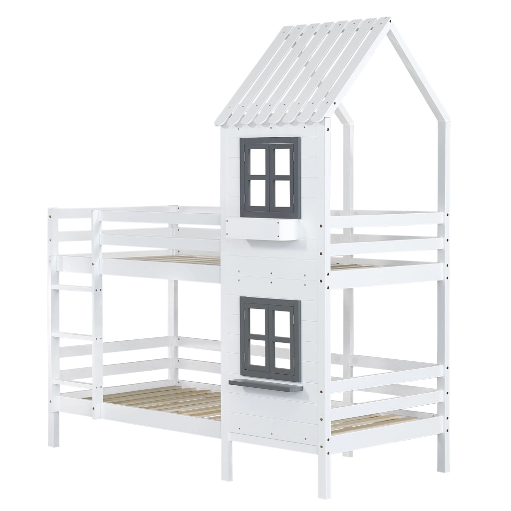 Letto a Castello 90x200 cm; 2 Posti - con Finestre; Sponda e Scalette - Bianco e Grigio