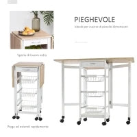 Carrello Portavivande Pieghevole a 6 Ruote con 3 Cestini, Cassetto e 2 Ribalte, Carrellino per Cucina in MDF e Metallo, 37x37x77.5 cm, Bianco e Legno