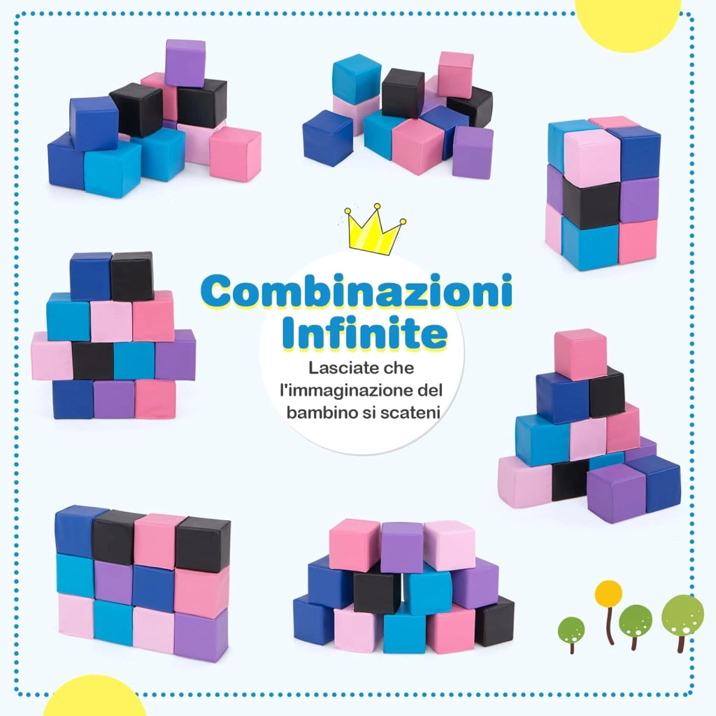 Set di 12 Blocchi da Costruzione in Schiuma EPE, Cubi Colorati 14 x 14 cm con Copertura in Finta Pelle Impermeabile, Blocchi Morbidi per Bambini per Impilare e Arrampicarsi (Rosa e Nero)