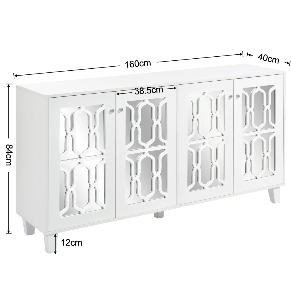 CREDENZA 160x40x84 cm bianca con 4 ante superficie a specchio in MDF