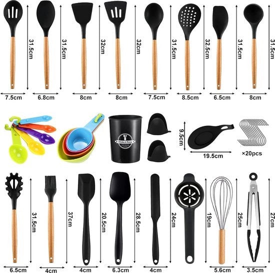 Set di accessori da cucina, 49 pezzi, utensili da cucina in silicone, attrezzatura da cucina con manico in legno, accessori da cucina termoresistenti per utensili da cucina, set di accessori da cucina in silicone