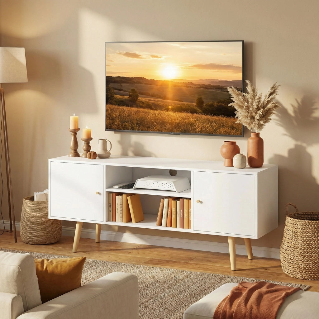 Mobile TV scandinavo 2 ante 2 nicchie ¨C Zephmum ¨C 120x34x50 cm bianco legno