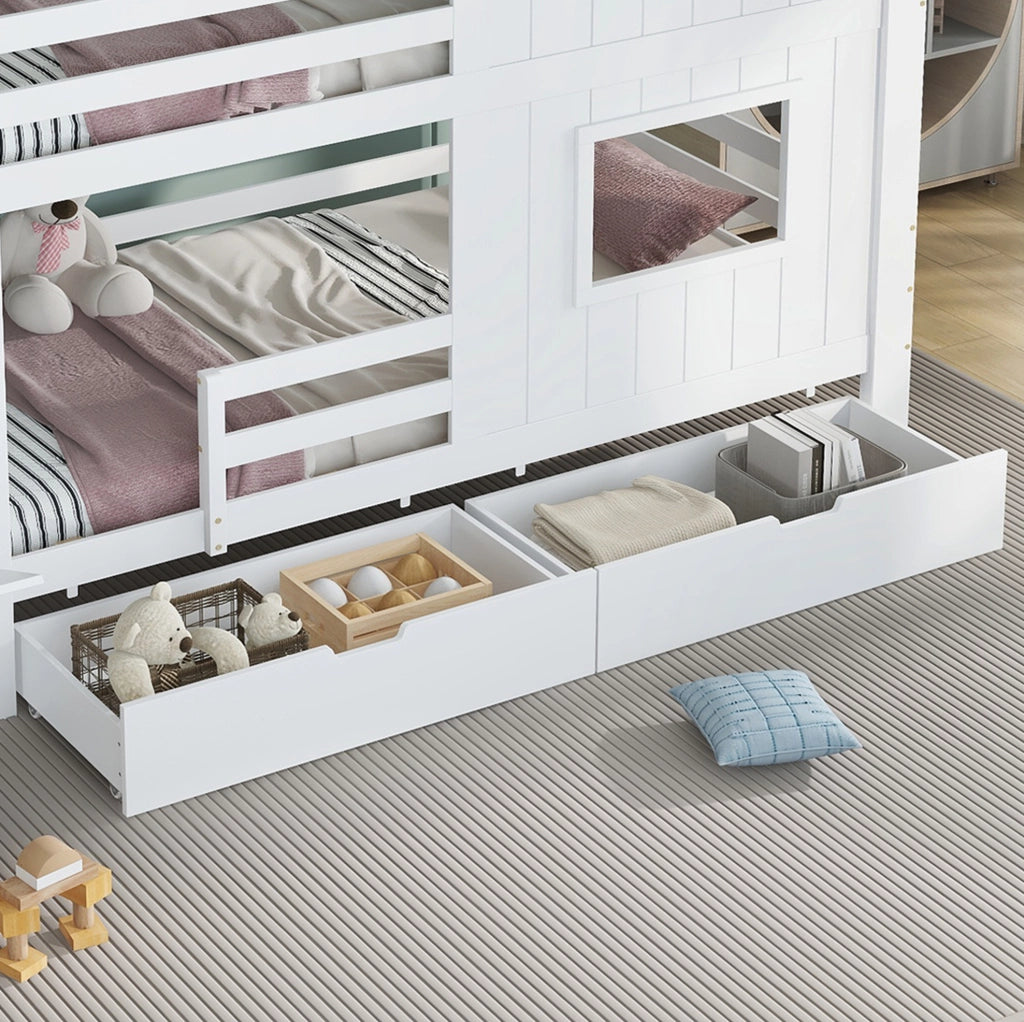 Letto a castello per bambini con scala contenitore e cassetto su ruote