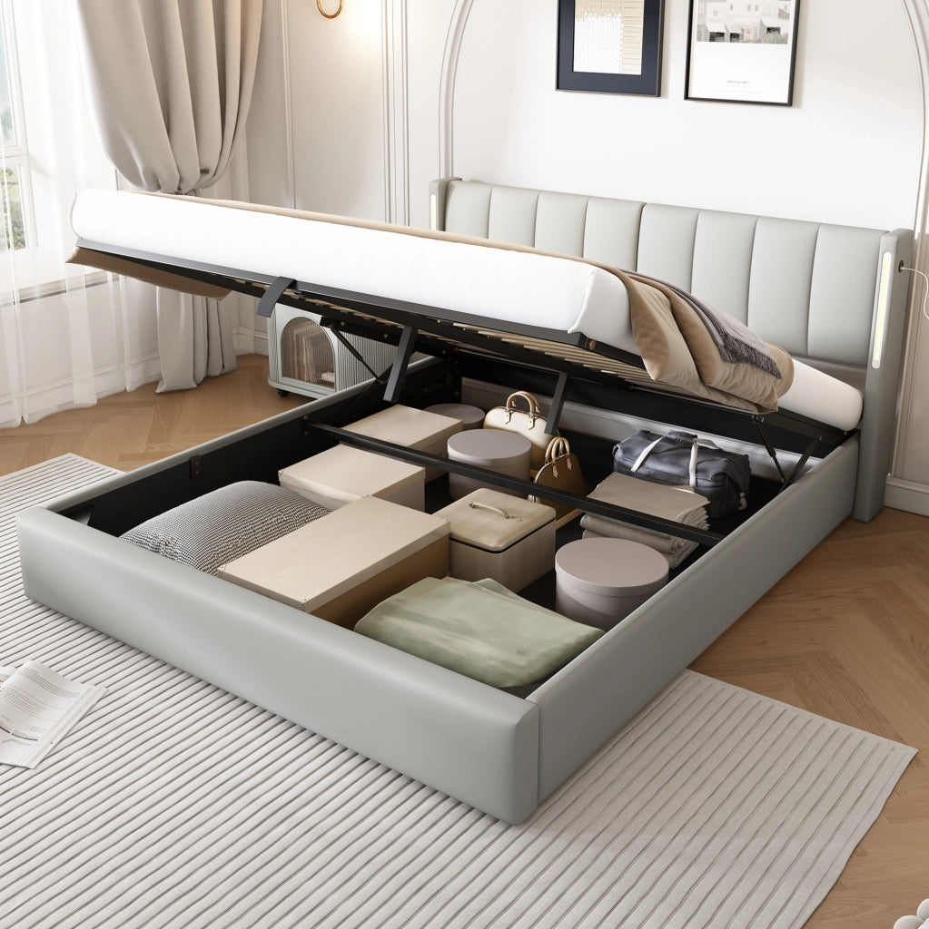 Letto LED con USB Type-C; contenitore; testiera regolabile; 180x200 cm; PU grigio