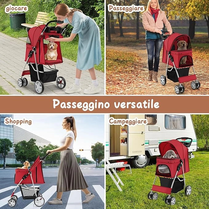 Passeggino Animali Domestici Pieghevole, 2 in 1 Trasportino per Cani/Gatti, con Porta Doppio, Freno Posteriore, 4 Ruote Girevoli, Carrozzina Compatta (Nero, Singolo) (Rosso, Singolo)