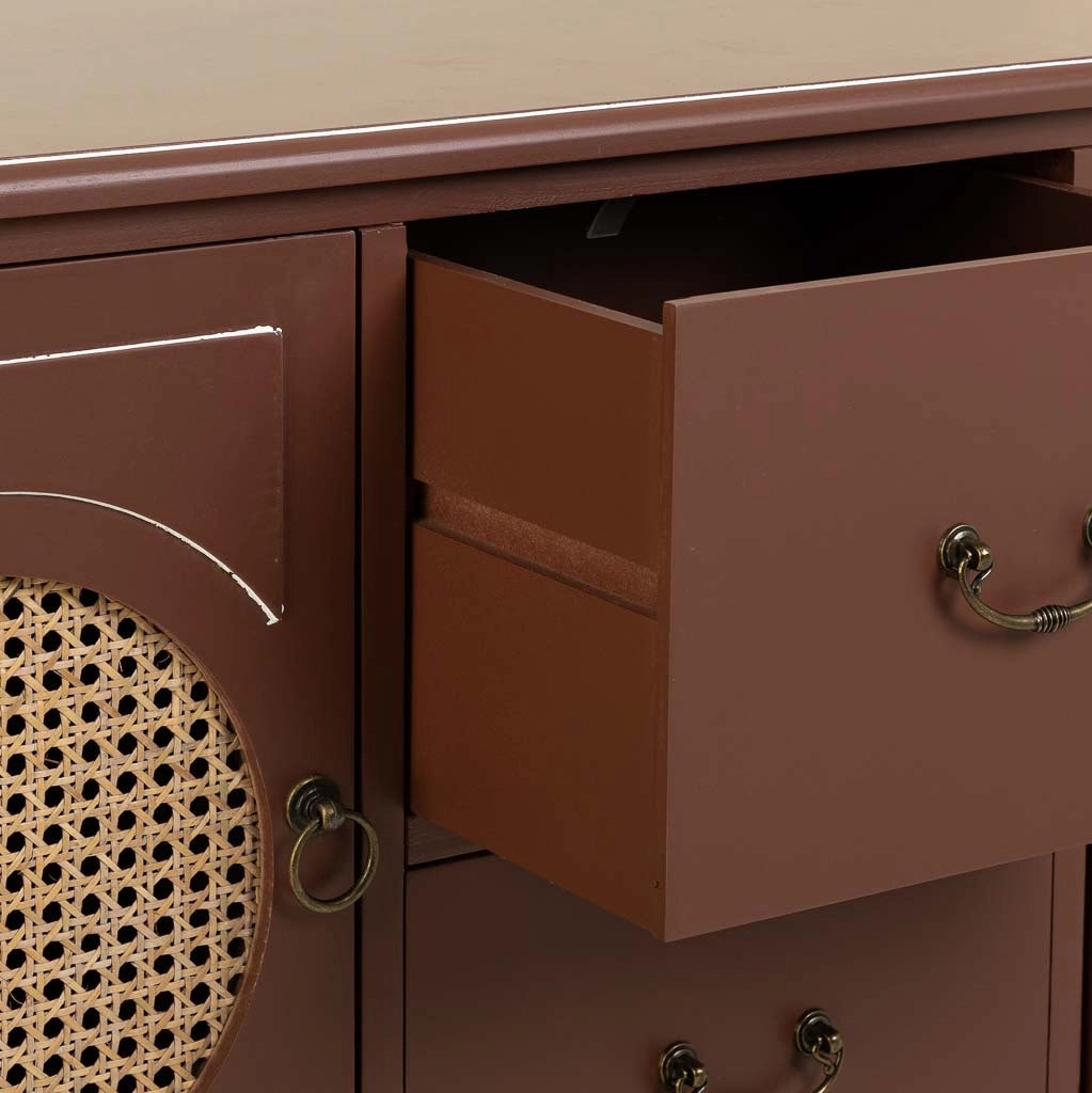 Credenza in legno marrone e rattan 106x40x78h