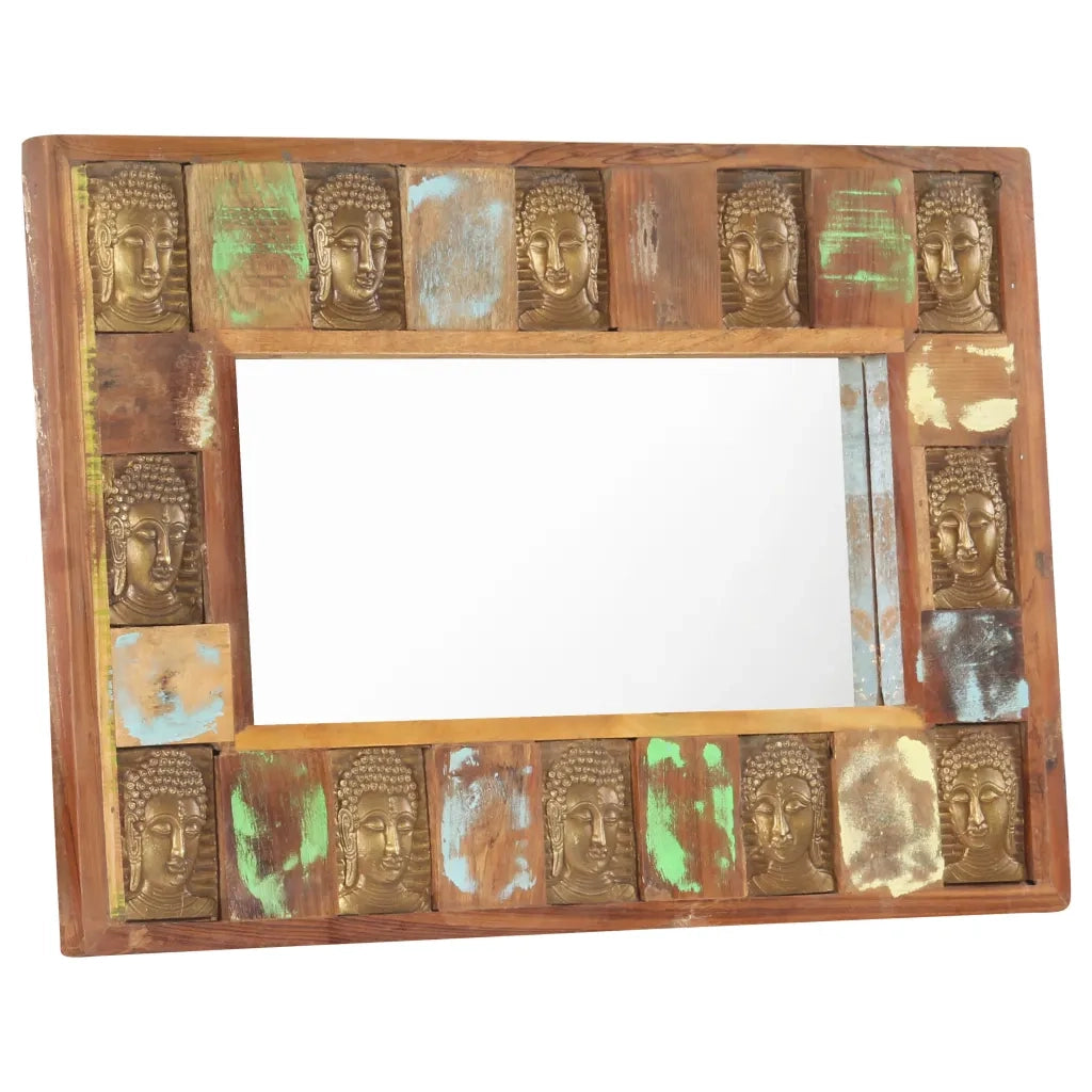 Specchio Decorato con Buddha 80x50cm Legno Massello di Recupero