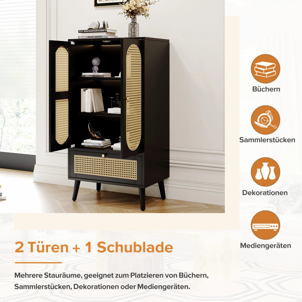 CREDENZA 60x40x110,5 cm nera con 2 ante e 1 cassetto, design rattan