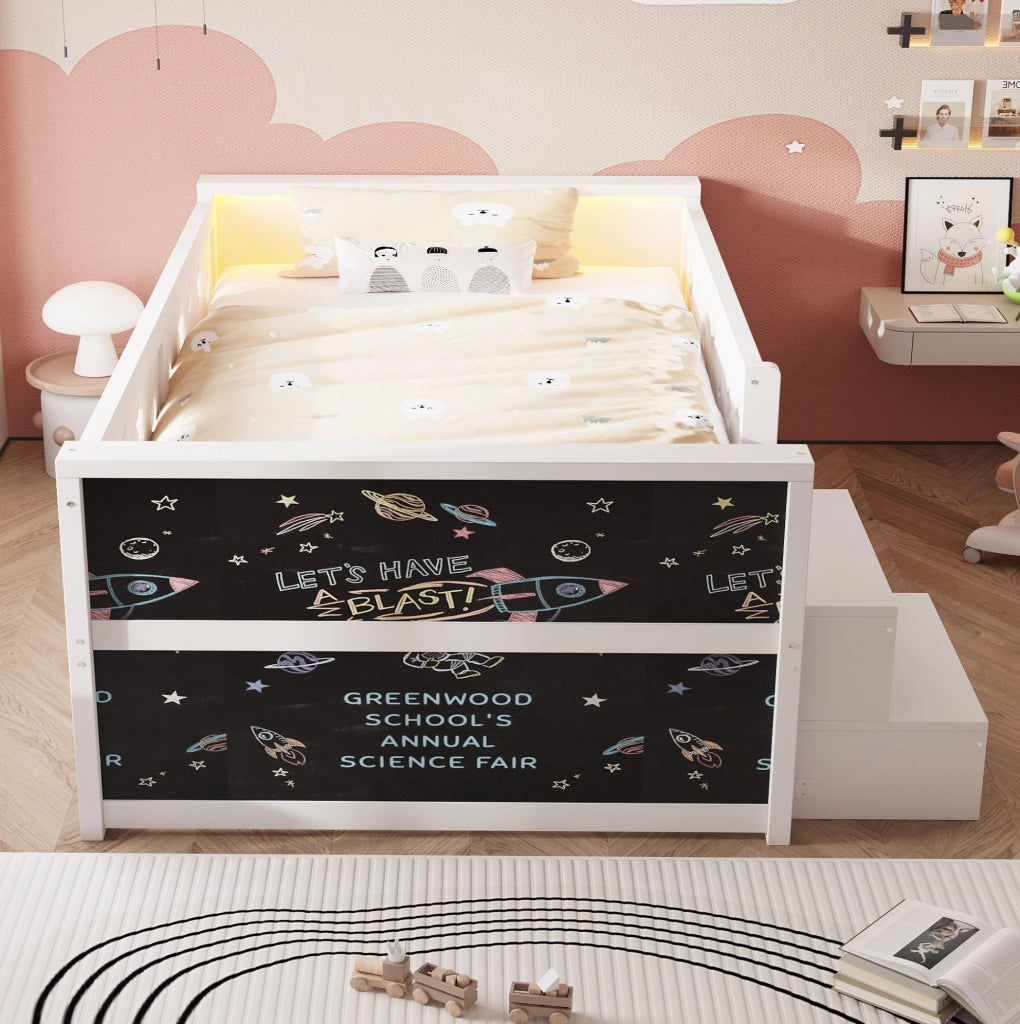Letto singolo per bambini 90x200 cm con LED, lavagna e cassetti