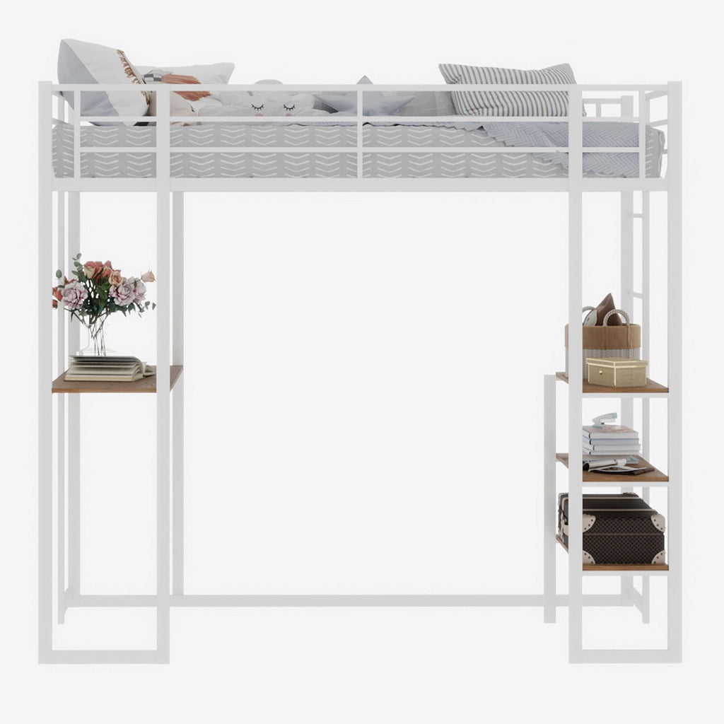 Letto a soppalco 90 × 190 cm con scrivania, scale doppie e spazio sottostante, senza materasso, bianco