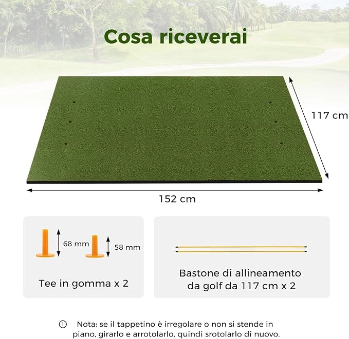 Tappeto da Allenamento Golf 3-in-1, Tappetino da Allenamento in Erba Sintetica con 2 Punte da Golf, 2 Aste di Allineamento e 3 Fori Preforati per le Punte