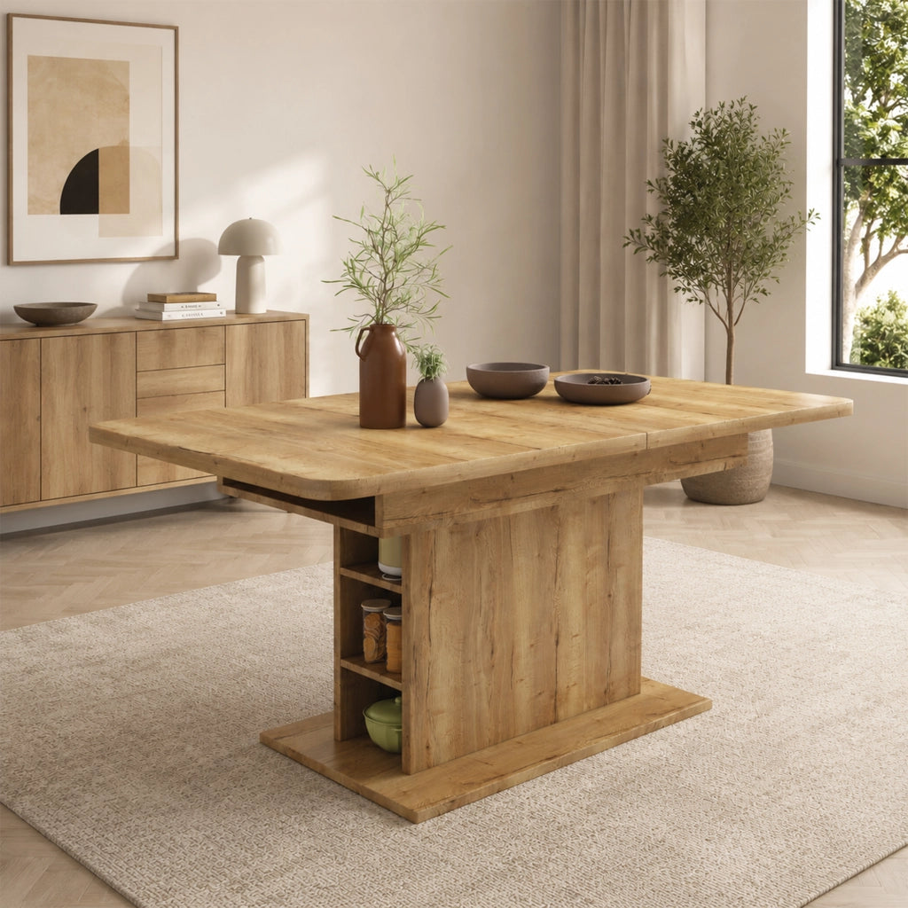 Tavolo da pranzo allungabile con spazio contenitivo, design moderno, colore naturale