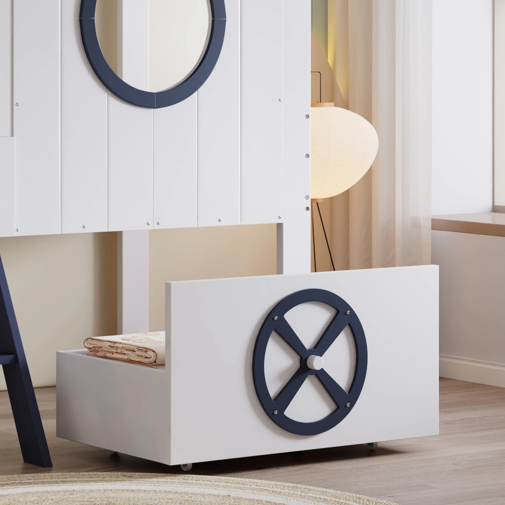 Letto a Soppalco 90x200 cm - con Cassetto; Scaletta Inclinata e Mensola - in Legno - Bianco e Blu Scuro