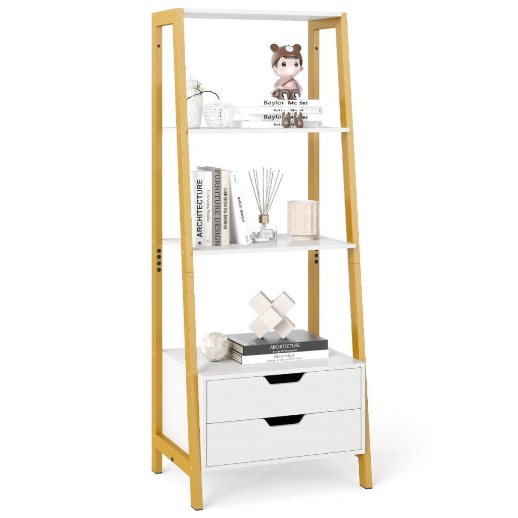 Libreria a scala con cassetti per camera da letto ufficio a casa, Alto scaffale autoportante con 4 ripiani aperti e 2 cassetti Bianco