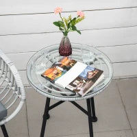 Set Mobili da Giardino in Rattan PE con 2 Sedie e Tavolino con Ripiano in Vetro, Grigio