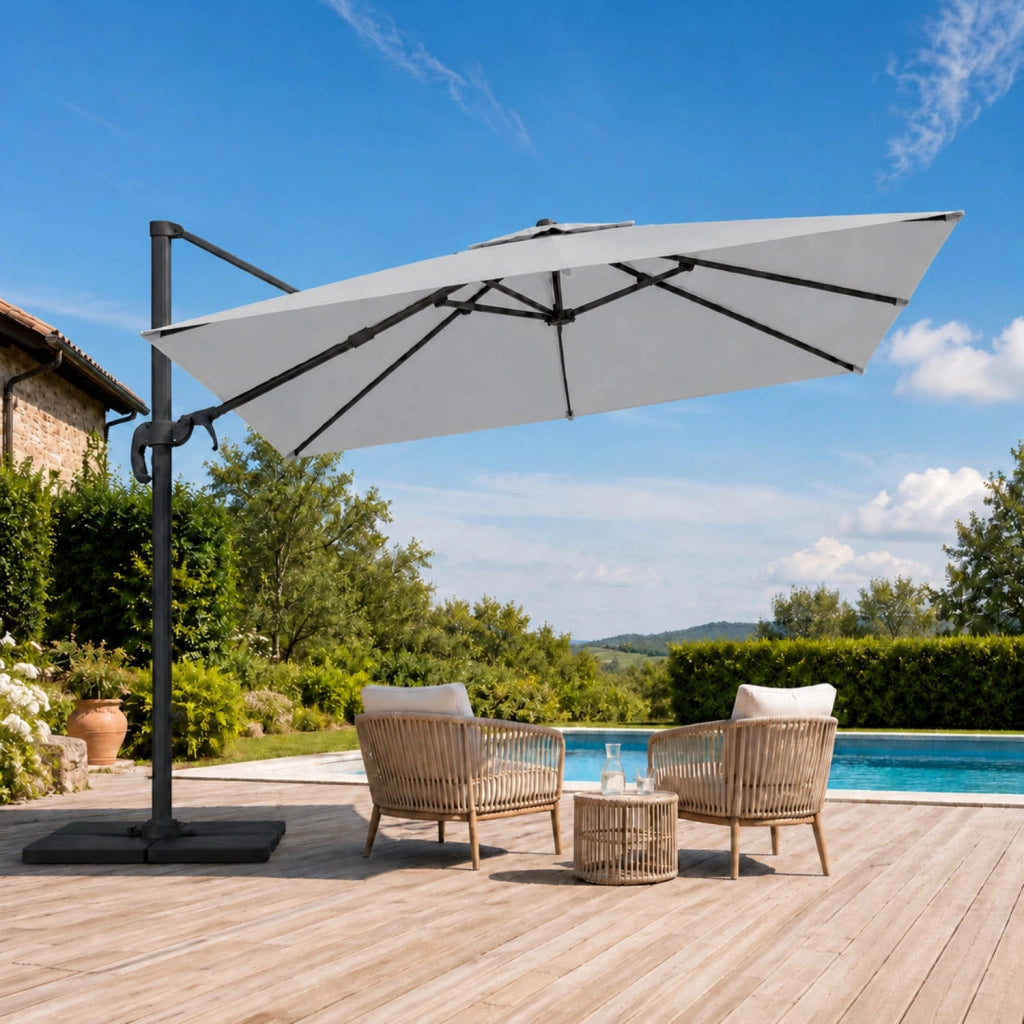 Ombrellone 180 M Giardino Braccio Retrattile Per Esterni Piscina Gazebo Terrazze Bar Hotel In Acciaio Inossidabile Braccio Rotabile 360° Telo 3x4 g/m2 Impermeabile Resistente Ai Raggi UV Grigio Chiaro