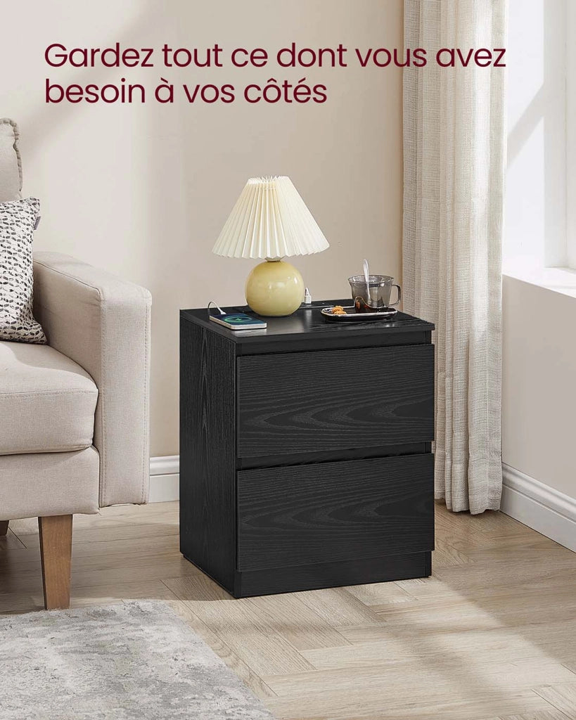 Comodino con multipresa tavolino con 2 cassetti 2 prese CA 2 porte USB-A per soggiorno camera da letto ufficio moderno nero 12_0007606