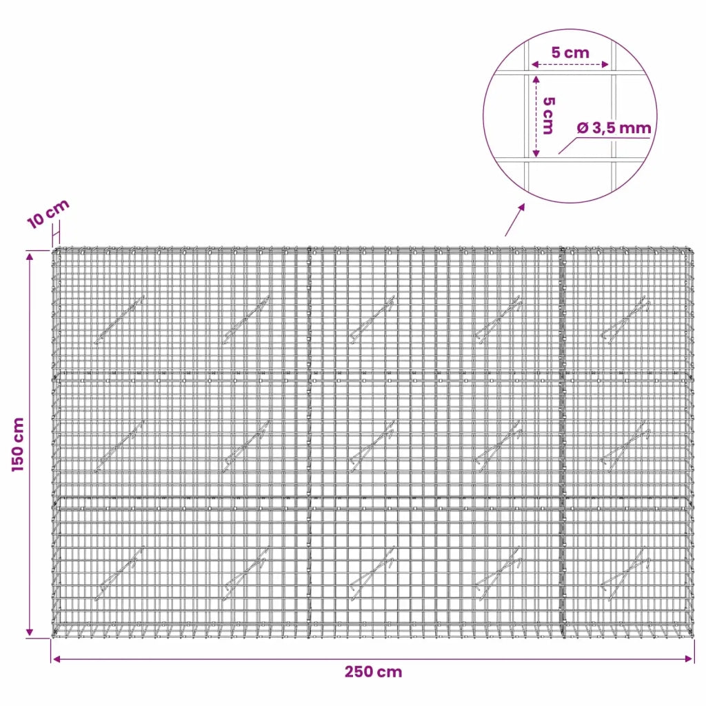 Gabion con Filo da 3,5 mm e Maglia da 5x5 cm 250x10x150 cm 3462071