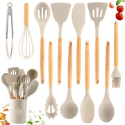Trade Shop - Set 12 Attrezzi Cucina In Silicone Antiaderente Con Porta Utensili Manico In Legno -
