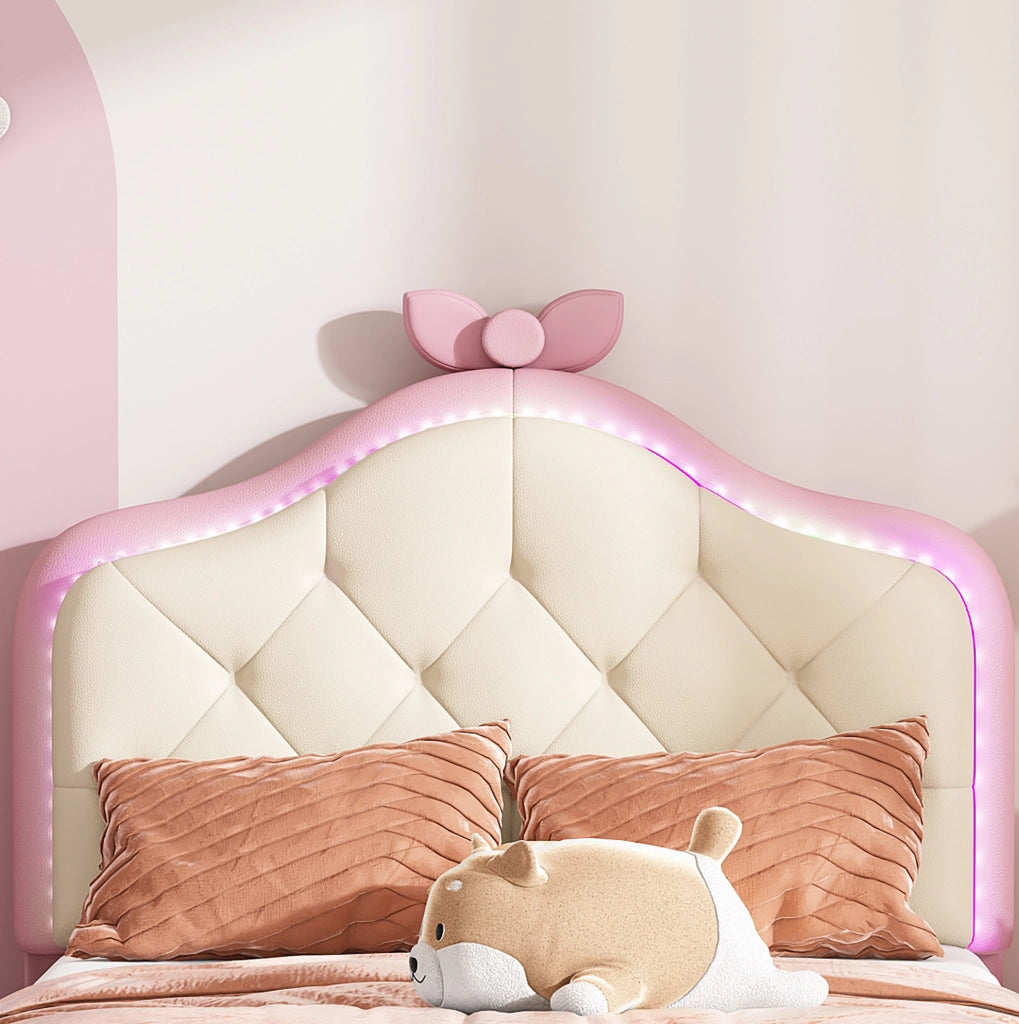Letto imbottito singolo con testiera a onda e luci LED