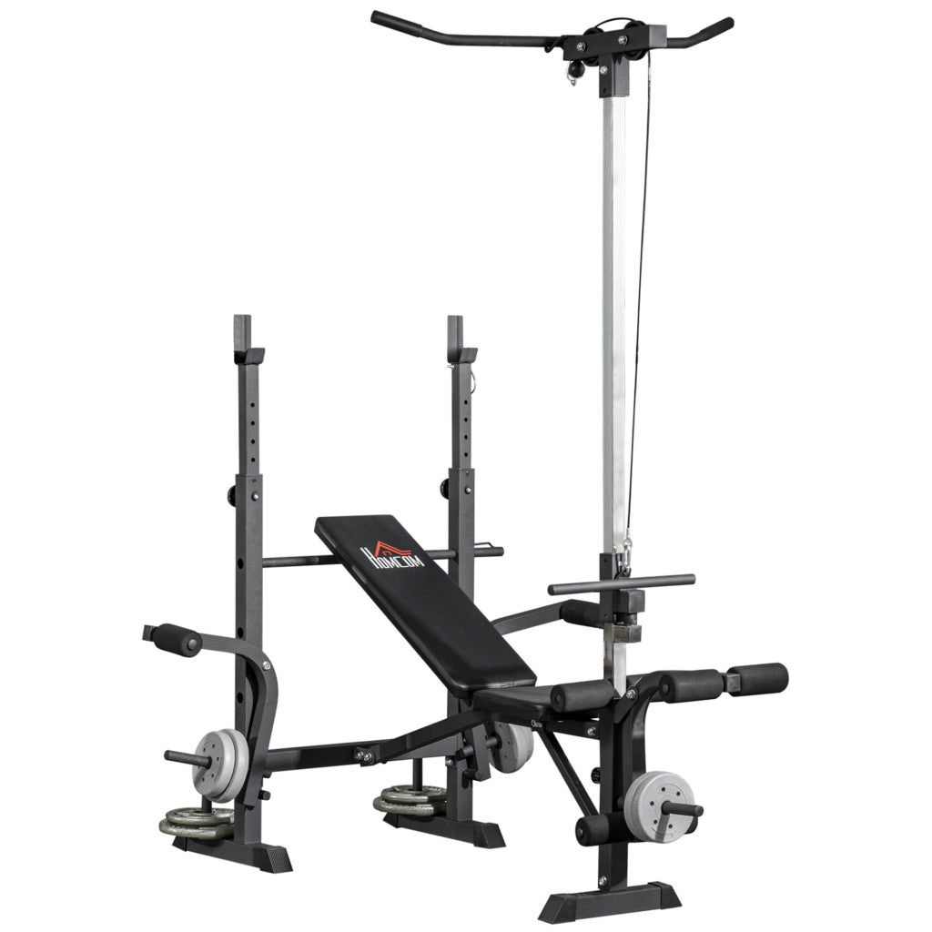 Panca Fitness con Leg Press, Squat Rack e Leg Extension, in Acciaio e PU, 180x134x200 cm, Nero e Argento