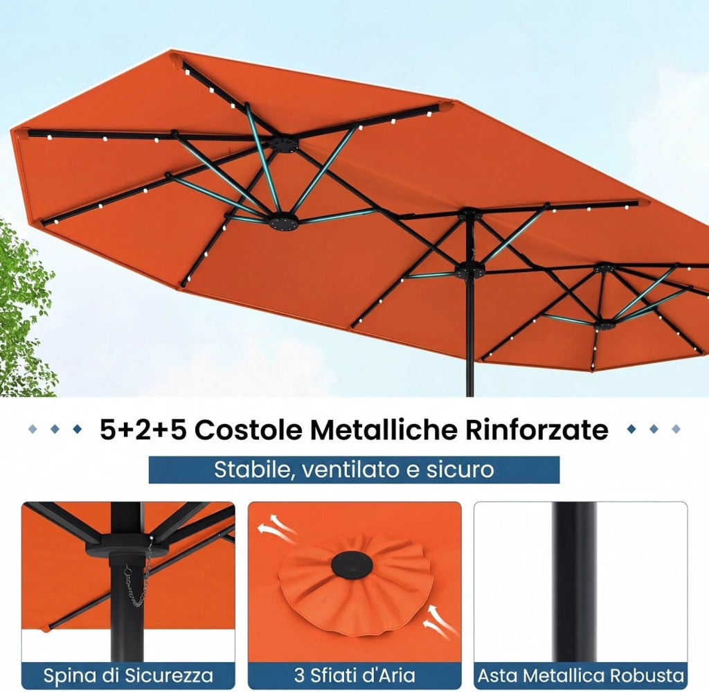 Ombrellone da Giardino Doppio 400 x 200 cm, con 36 Luci LED Solari, Manovella 12 Stecche, Base, Anti-UV, Rettangolare, per Giardino Piscina Cortile (Arancione)