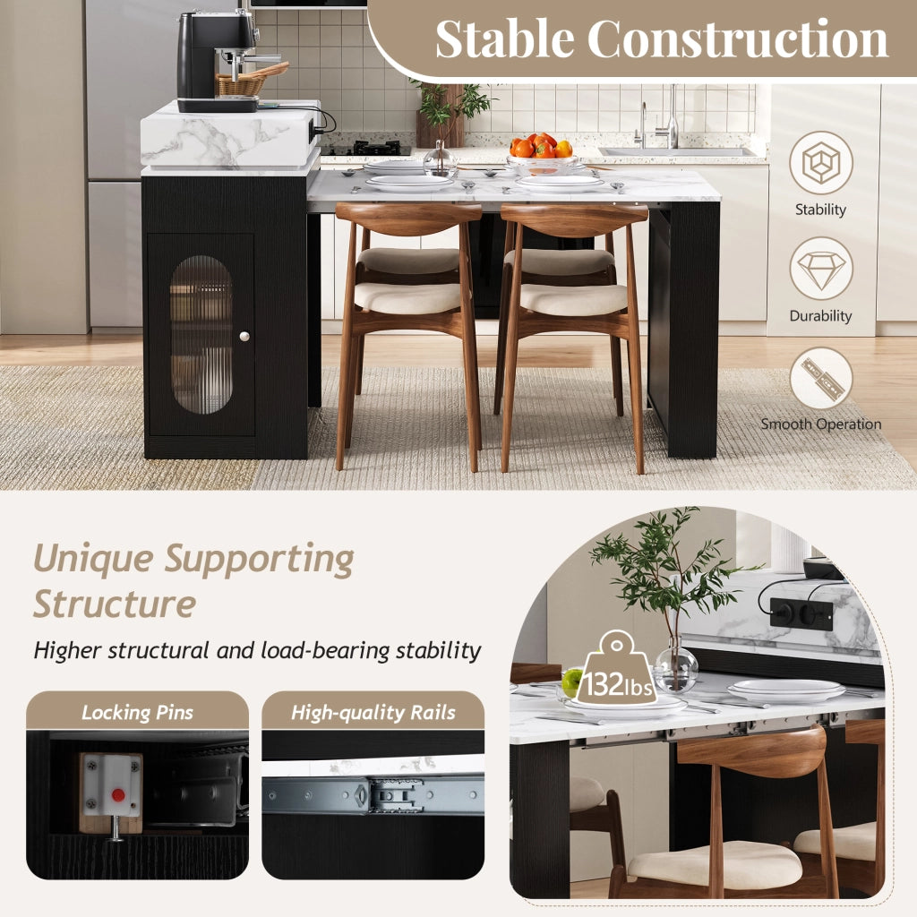 Isola da Cucina con 1 Cassetto; 1 Anta in Vetro; Piano Ribaltabile e Prese; in MDF e Vetro; Nero