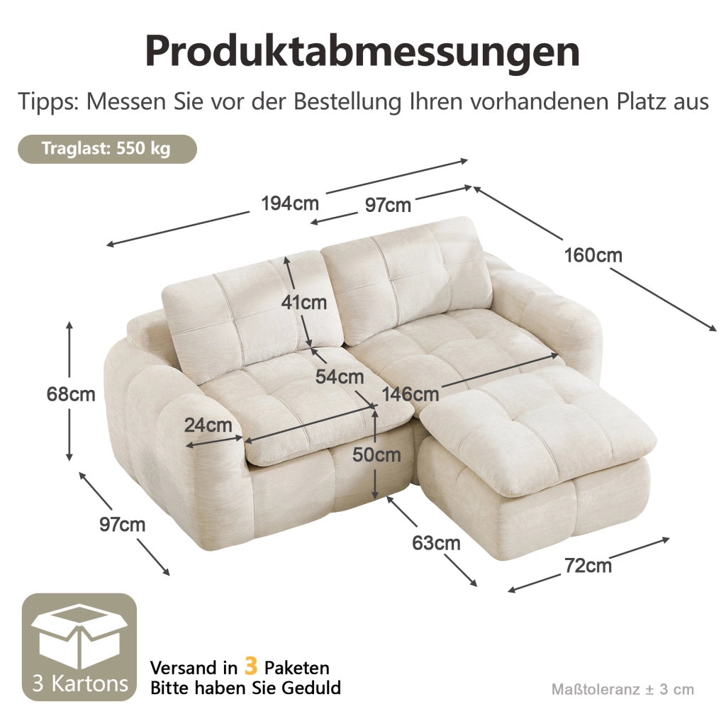 Divano modulare angolare 2 posti in chenille senza montaggio con pouf e seduta ergonomica per soggiorno beige