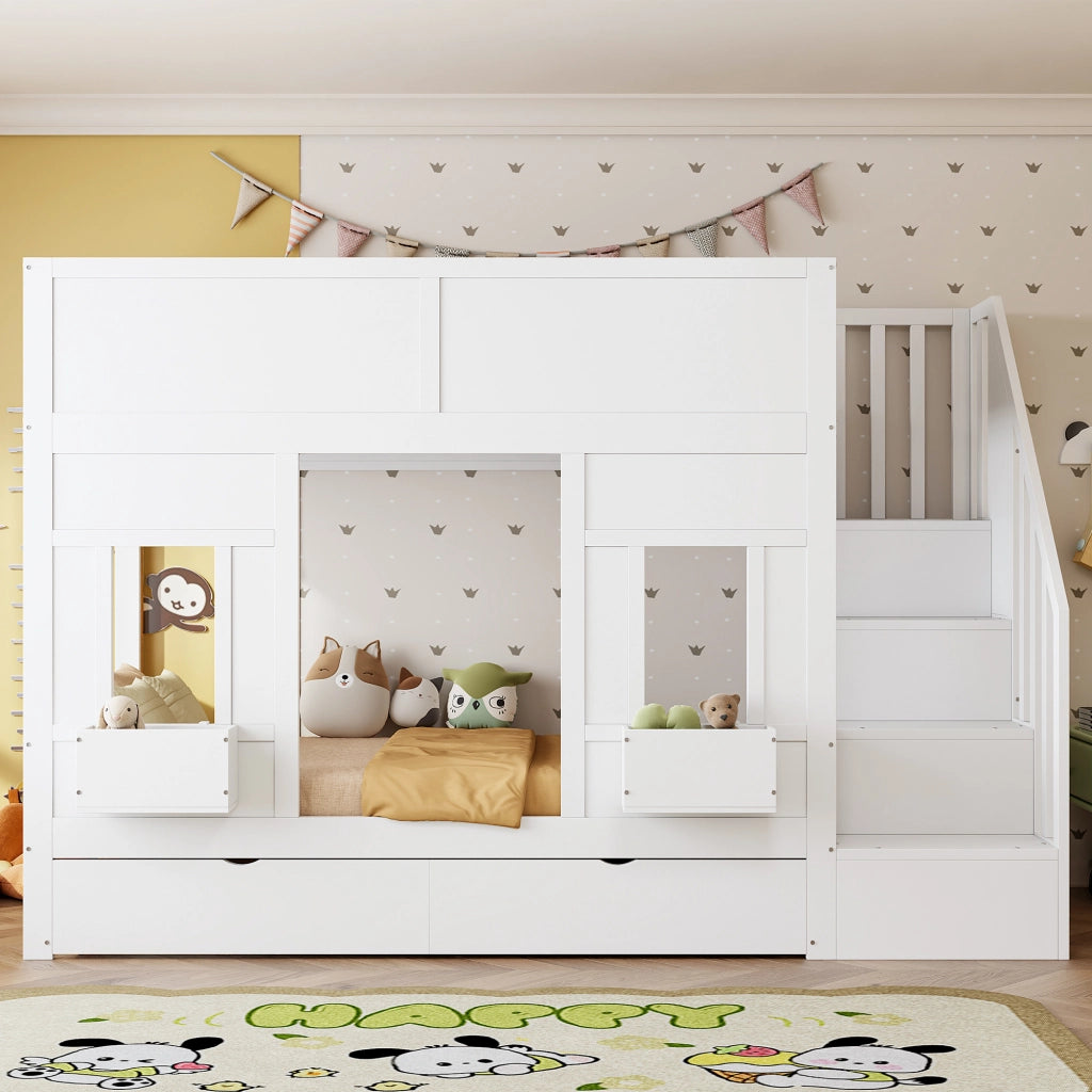 Letto a castello per bambini 90x200 con scale e cassetti; letto a soppalco con finestre; legno; corrimano di sicurezza; risparmio spazio per i bambini