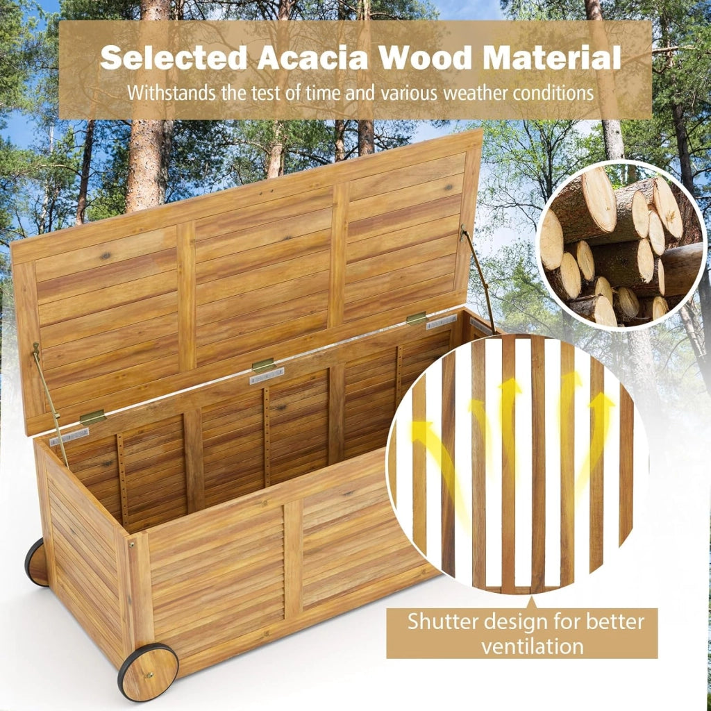 Baule da Giardino 182 L con Ruote e Maniglie, Contenitore da Esterno con Borsa Interna Resistente all'Acqua, Cassapanca Contenitore da Interno in Legno di Acacia, 127 x 50 x 45 cm