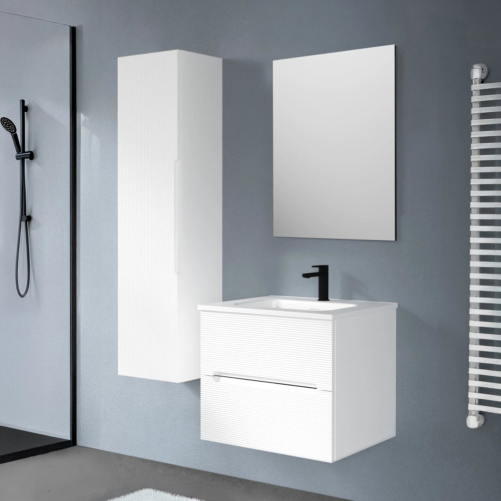 Mobile bagno sospeso 60 bianco cannettato 2 cassetti lavabo e specchio Rigo