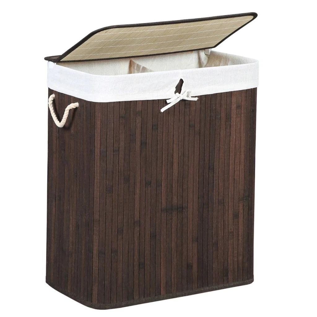 Cesto portabiancheria con coperchio cesto portabiancheria in bambù 2 scomparti per la raccolta differenziata sacco rimovibile manici in cotone capacità 100 litri per lavanderia camera da letto marrone 12_0003033